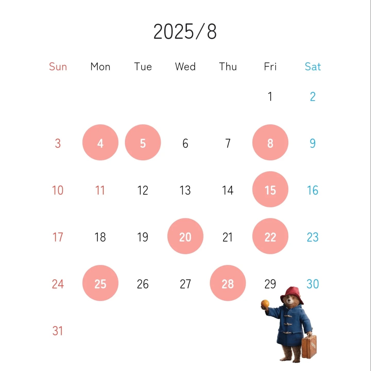 8月のお休みです。